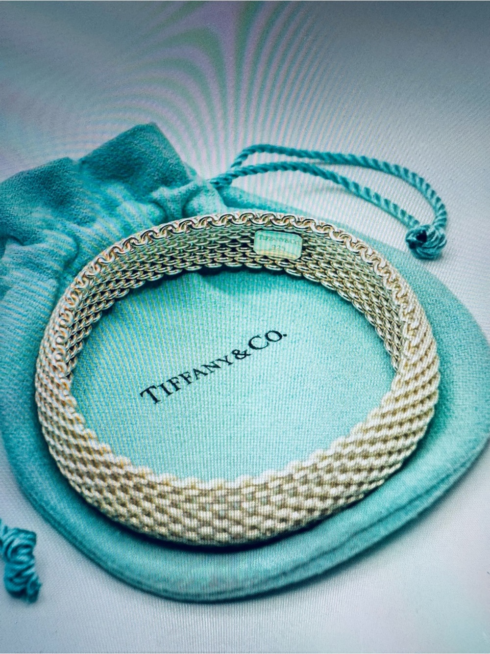 Tiffany & Co. Somerset Wide Mesh Bracelet Sterling Silver 925 Flexible Bangle